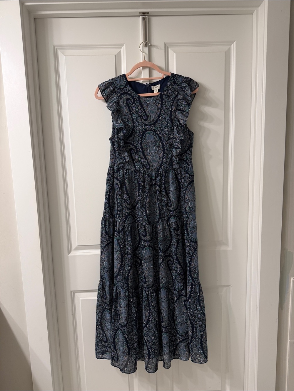 J. Crew Navy and Light Blue Paisley Tiered Maxi Dress